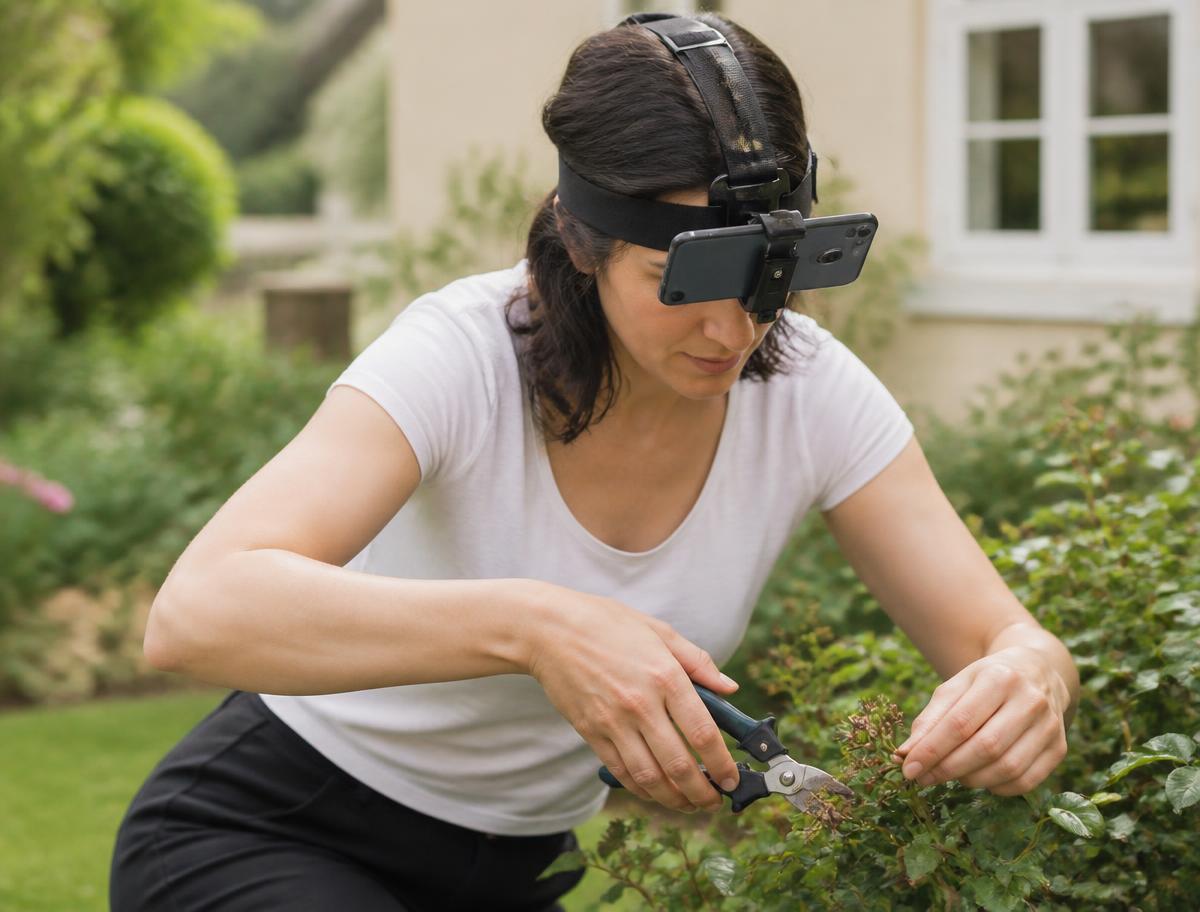 Pessoa cuidando de plantas no jardim de uma residência