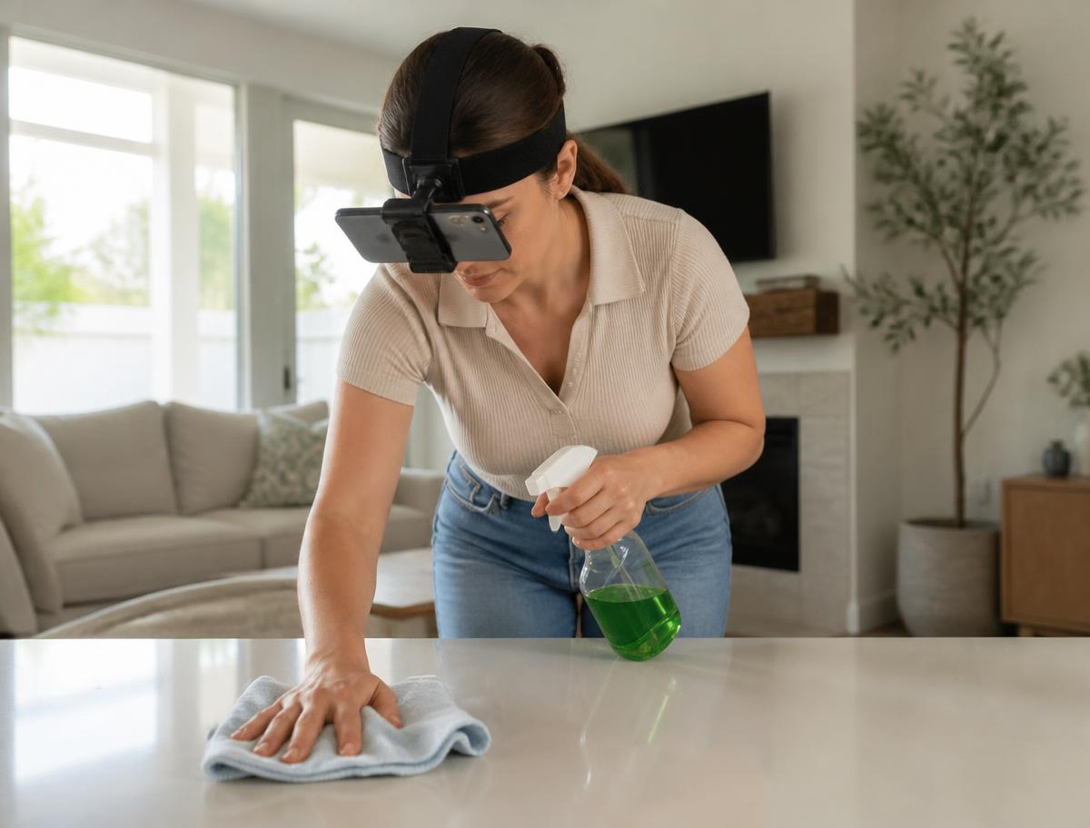Pessoa limpando e organizando o interior de uma casa
